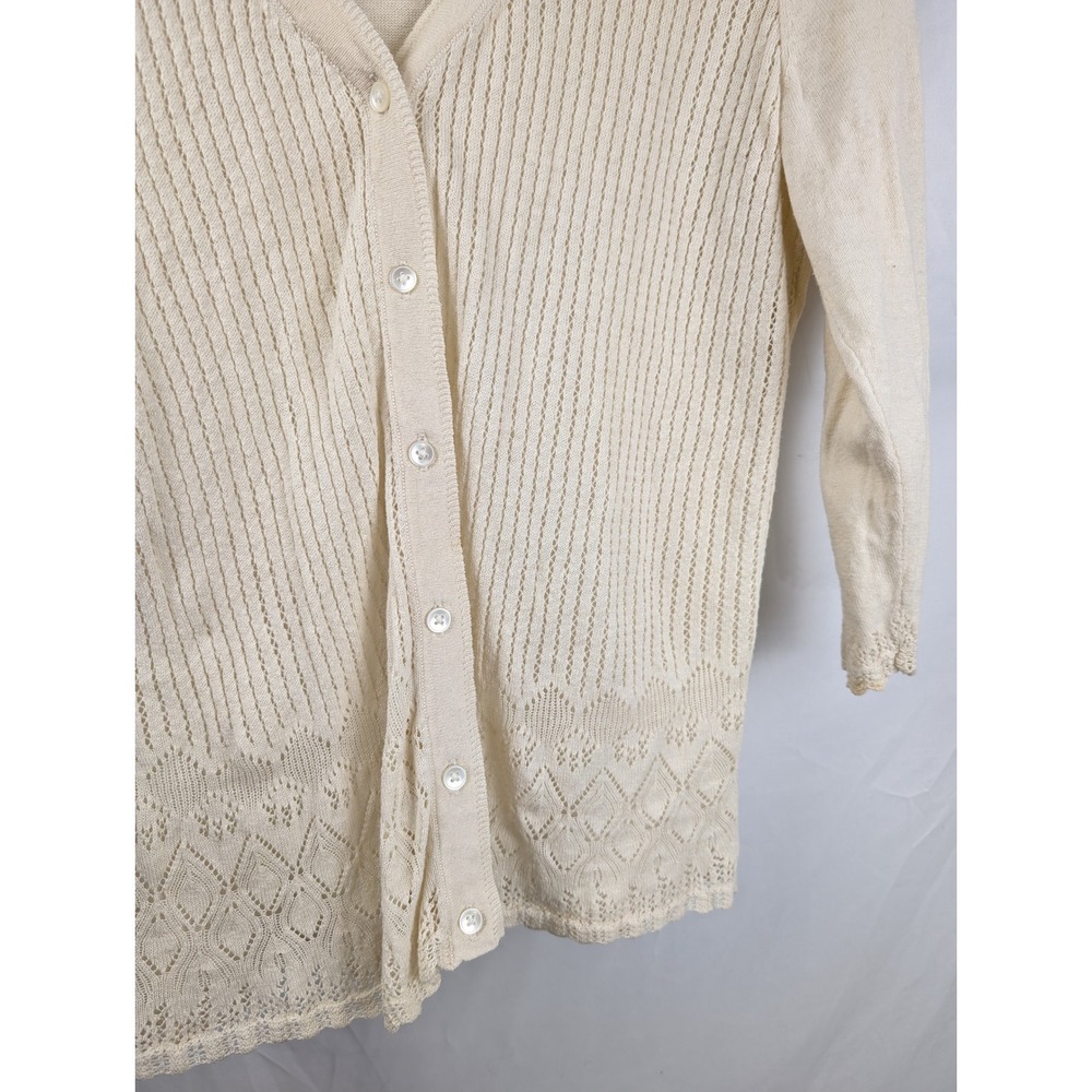 Vintage Linen Pointelle Knit Button Cardigan Size XL Cream Fairy Preppy Coastal - Picture 4 of 9